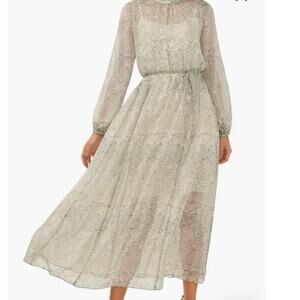 70's inspired Sheer Halogen Floral Metallic Tie Waist Long Sleeve Dress XS NWT